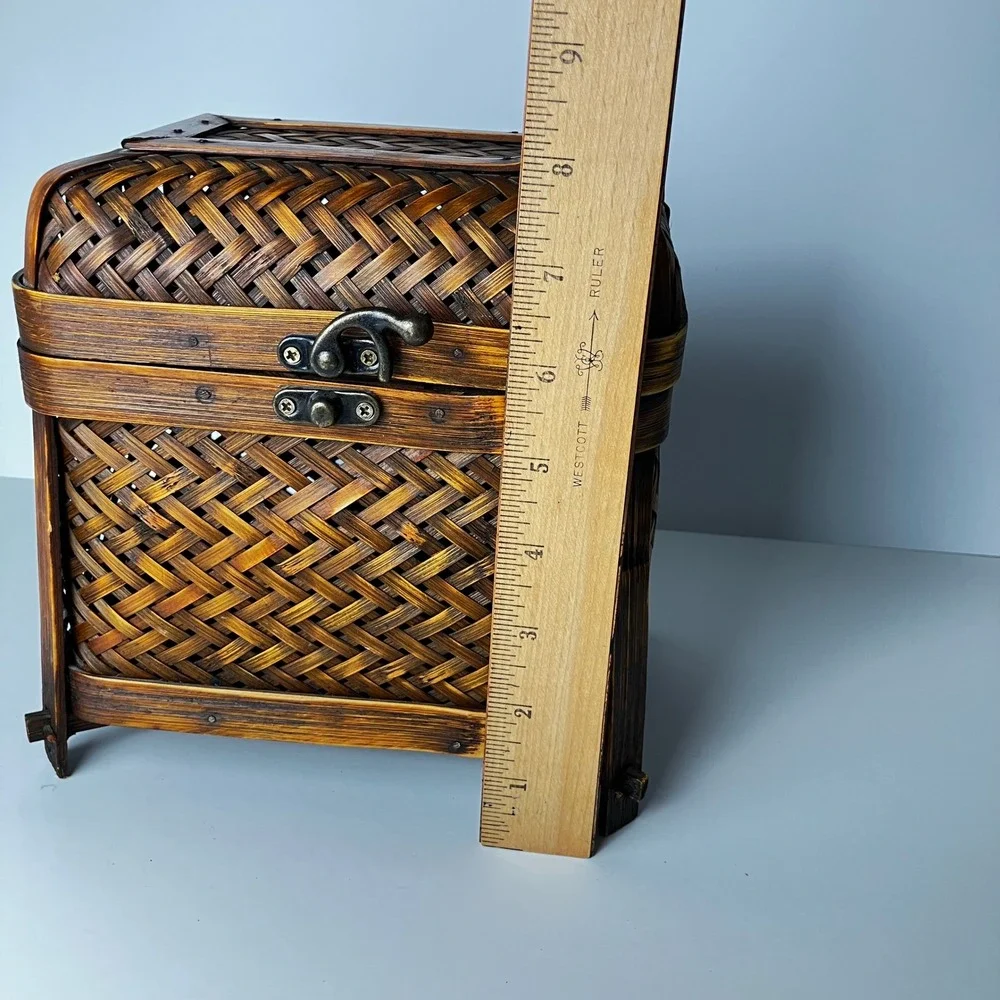 Vintage Storage Chest Brown Footed Keepsake Box Decor Handcrafted Woven Bamboo